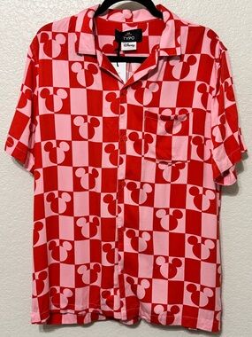 Typo x Disney| Pink & Red Mickey Silhouette Button Up Christmas Party| S/M NWT